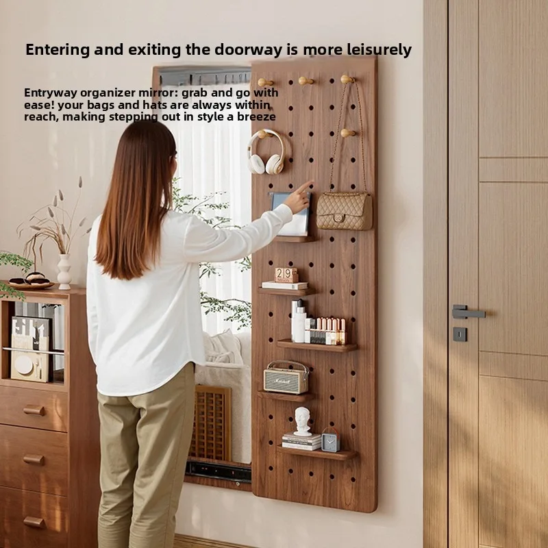 Solid Wood Hidden Pull Out Storage Mirror with Cabinet Wall Mounted Entryway Full Length Dressing Gown Organizer Wall Peg Board image 3