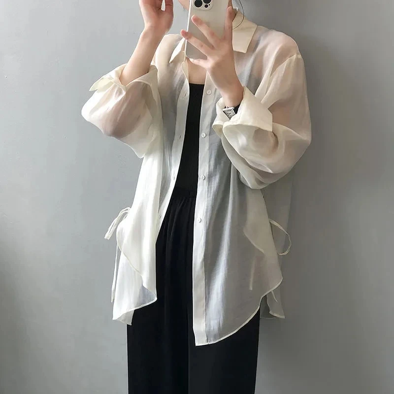 2024 Summer Ice Silk Sun Protection Clothing Cardigan Loose Thin Joker Coat UV-Proof Shirt Female Button Solid Color Jacket