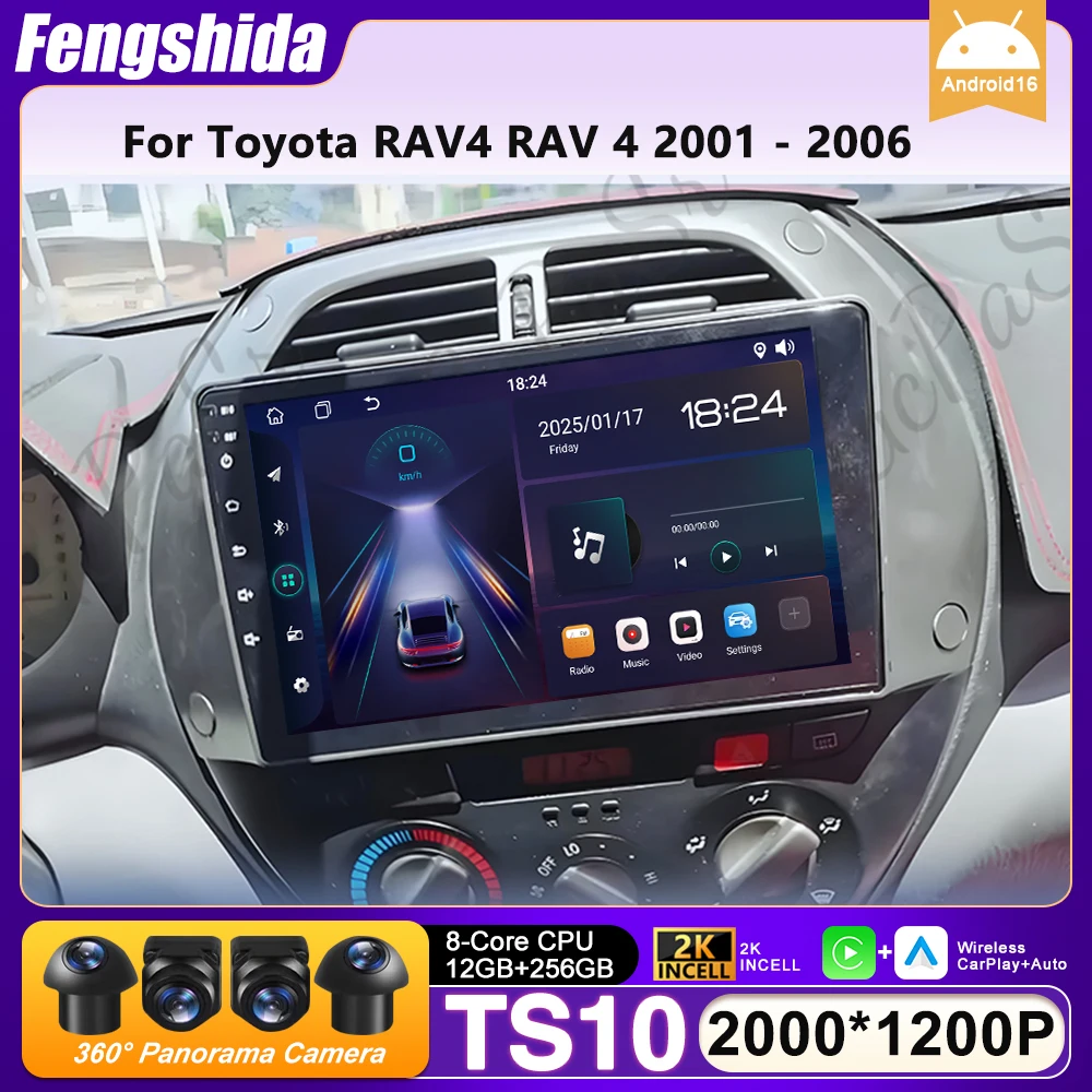 

Для Toyota RAV4 2001-2006: Автомагнитола с Carplay, GPS-навигацией, Android Auto, Android 16, стереосистема без 2DIN, 4G-дисплей, 2K, DVD