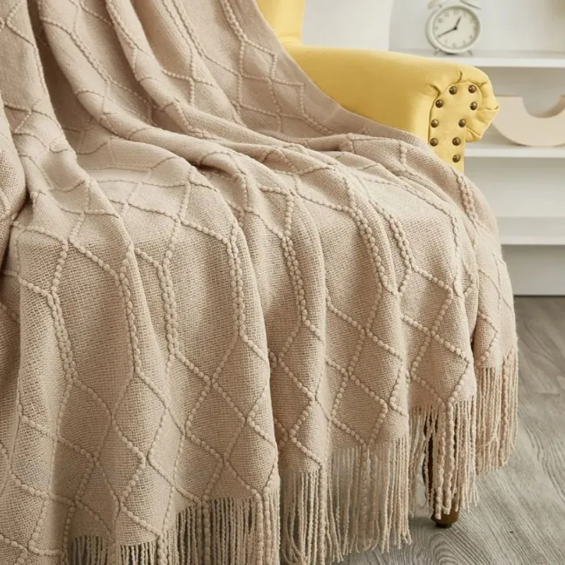 Khaki Large Knitted Throw Blanket Nordic Style with Tassels Soft Cozy Plaid Crochet Decorative for Sofa Bed Summer Gift