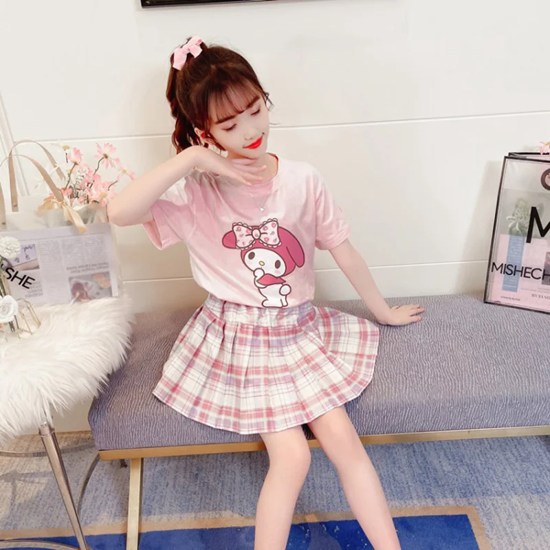 New Kawaii Sanrio Cinnamoroll Mymelody Kids Sets Cartoon Anime Short Sleeve Skirt Academy Style Summer Two Piece Set Toy Gifts