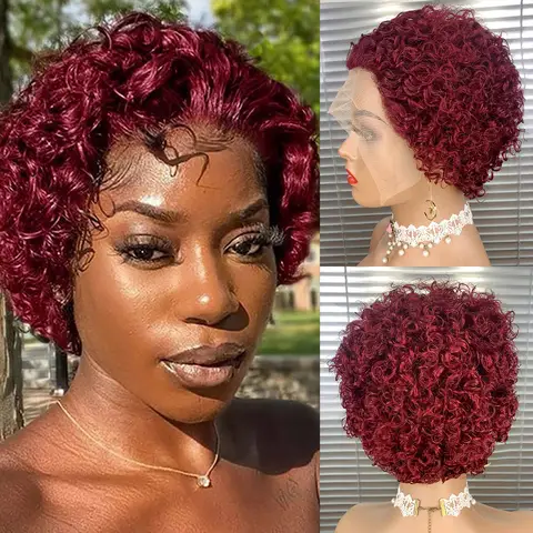 Meggit 99J 부르고뉴 하이라이트 허니 컬러 짧은 곱슬 픽시 컷 레이스 가발 밥 가발 13X1 레이스 프론트 곱슬 인간의 머리 가발