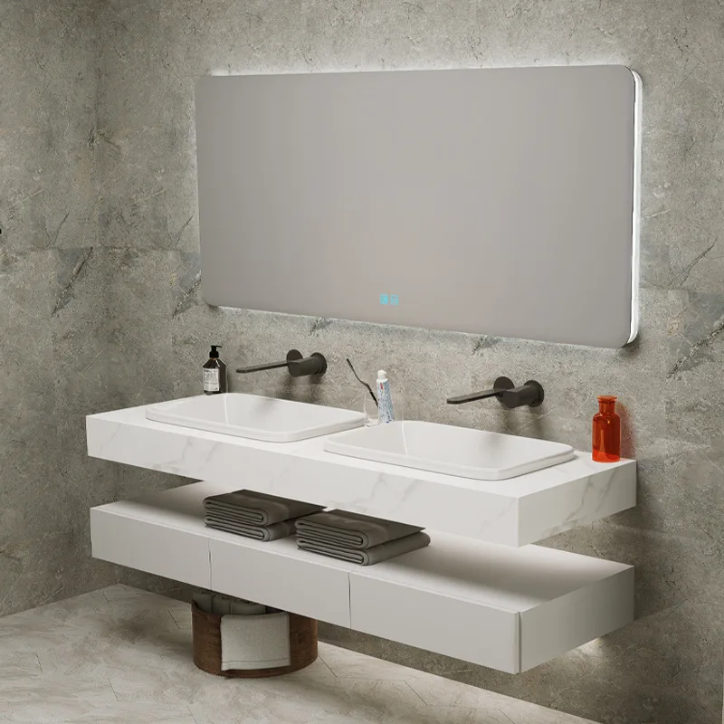 

Modern simple wind rock slab ceramic seamless countertop double combination washing table solid wood cabinet