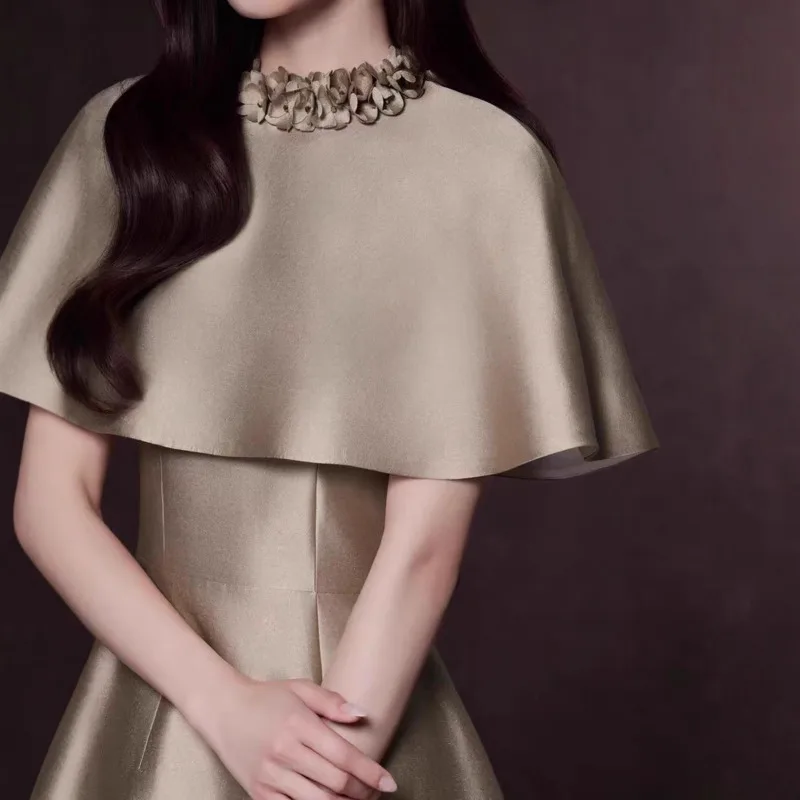 QMQA موضة المرأة أنيقة كيب فستان ستان المرقعة ثلاثية الأبعاد الأزهار شال الجولة الرقبة ثوب فساتين طويلة 2026 ربيع جديد QM963 #3