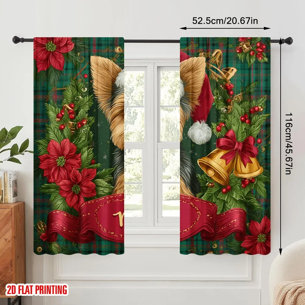 2pcs,2D plane printing Curtain Fabric Santa Dog Versatile 100% Polyester (without rod) Room Decor Ldeal for Bedroom and Various