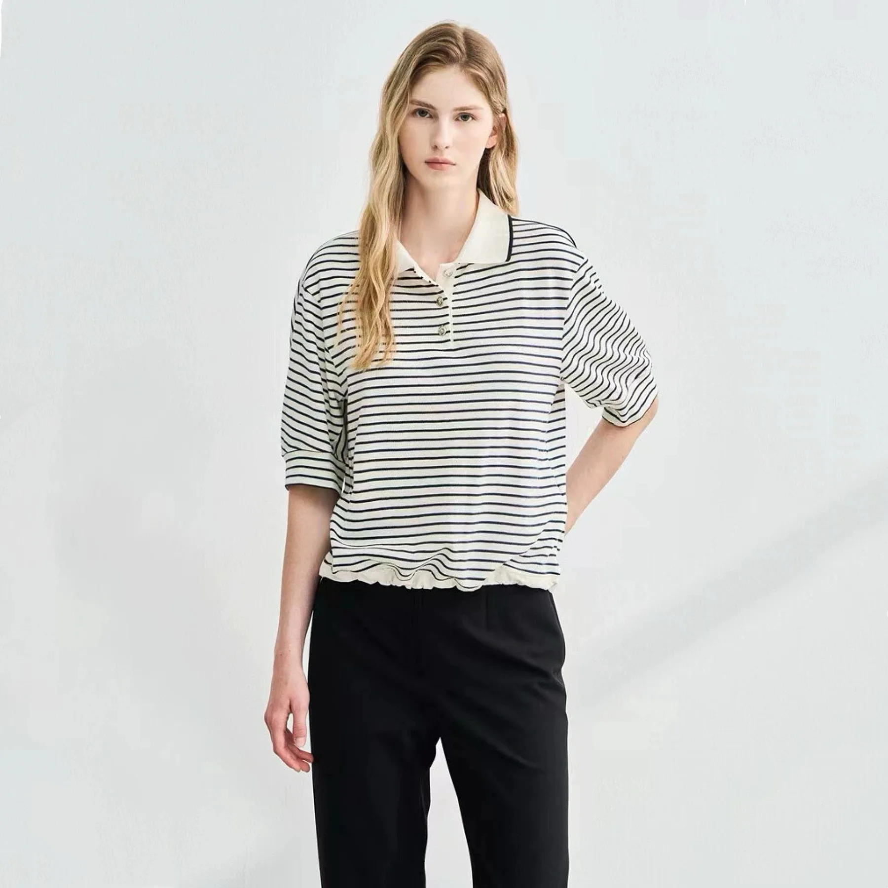 

Slim Fit Pure Cotton irt T-irt with Waist-Cinching Design And Mid-Sves Lemon Cheese Striped Pattern for Women