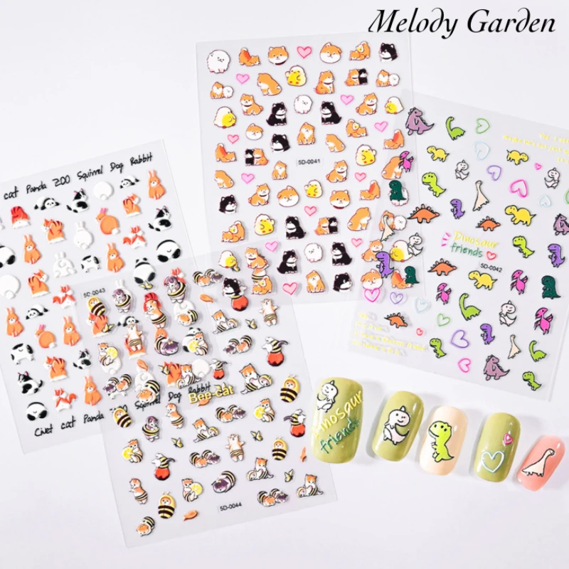 

1Pcs Cute stickers Dinosaurs Panda Dog Cat Rabbit nail sticker Cartoon Simple Strokes Nail decorations 3D 5D Animal Designs