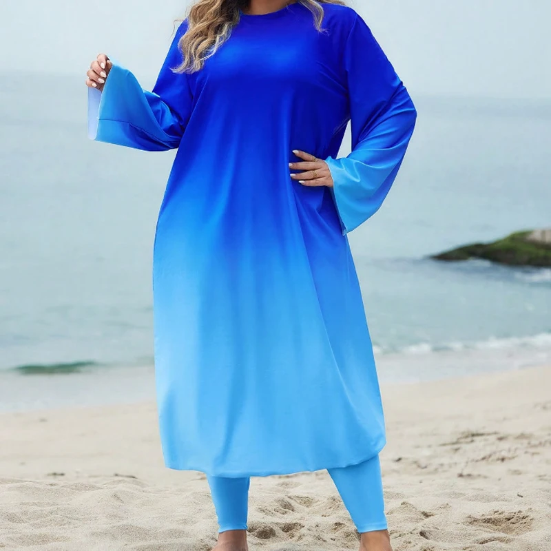 

L-4XL Modest swimwear Loose All-Covered Swimsuit Set for Curvy Women Gradient Blue long sleeved Robe and Two-piece swimwear