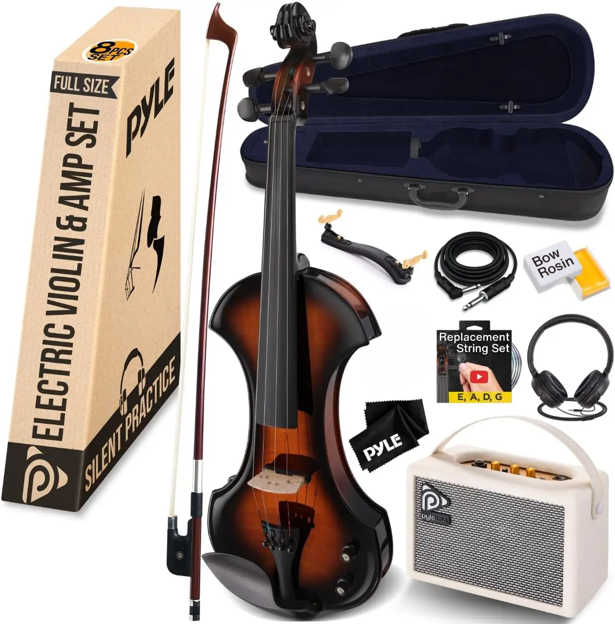 4/4 Silent Electric Violin with Amplifier Kit - Solid Wood Fiddle w/ 10W Amp and Complete Accessories, Full Size Orchestral Stri