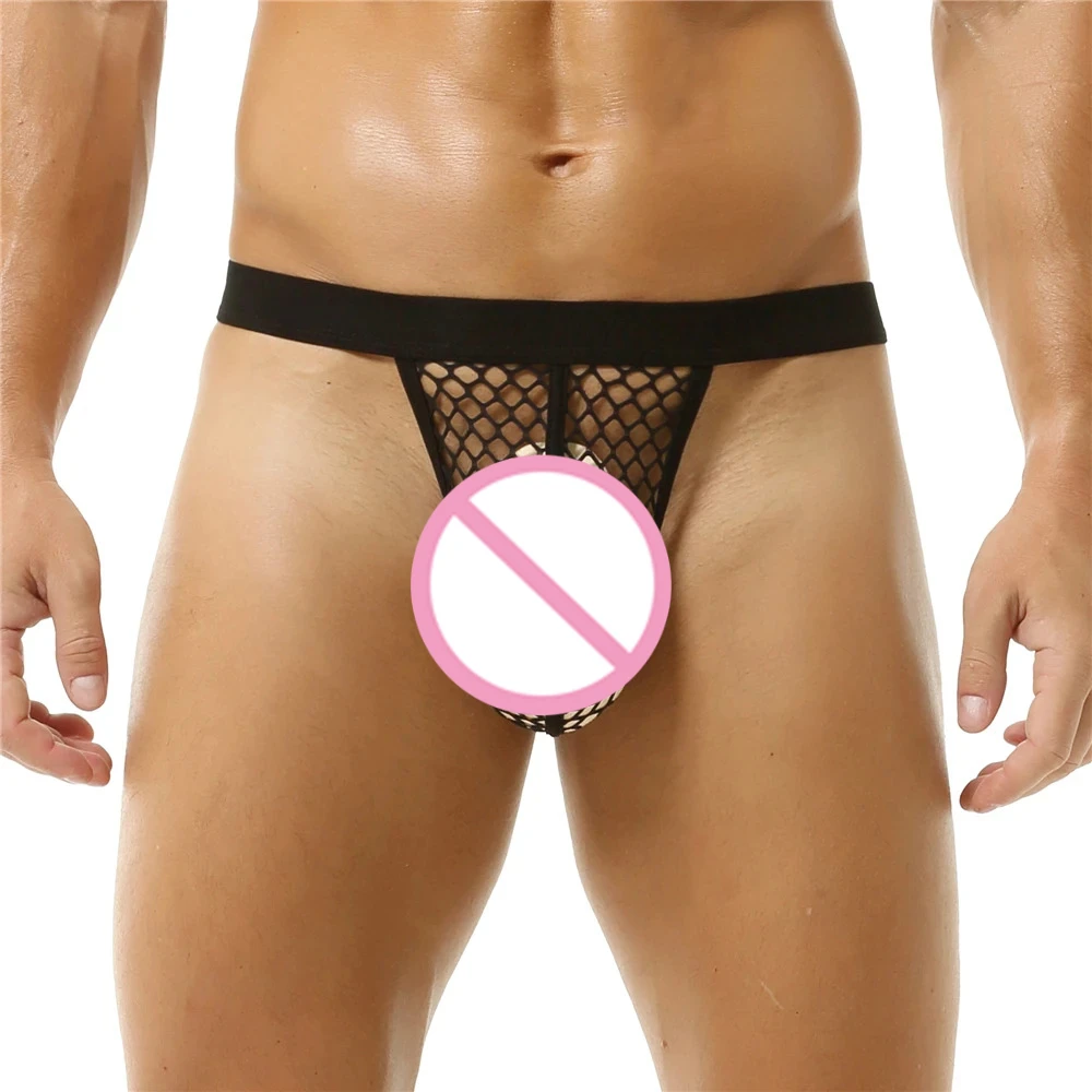 Solid Color Hollow Breathable Sexy Mens Thong Low Waist Exposed Buttocks Bikini Mini Underwear Boxer Inflatable Bag Erotic Thong