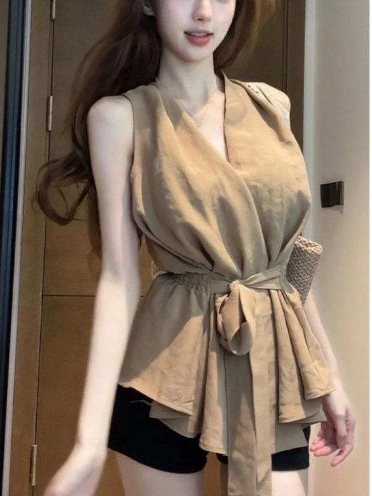 Summer French Elegant Pure Color Sleeveless Tops 2000s Vintage Slim Sweet Tanks Subculture Evening Party Clothing Y2k 2025 Chic