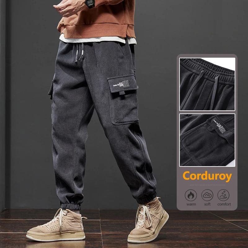 

2025 Autumn Men's Corduroy Cargo Pants Comfort Loose Soft Elastic Waist Harem Trousers Fashion Korean Jogging Sweatpants