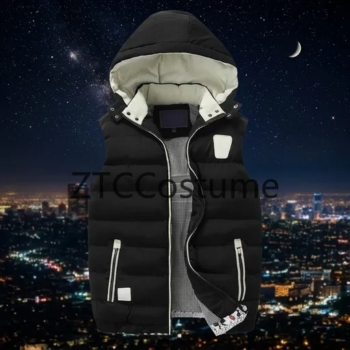 

Men Cosplay Hooded Padded Vest Winter Warm Cotton Sleeveless Jacket Windproof Casual Waistcoat Outdoor Fashion Vest for Male