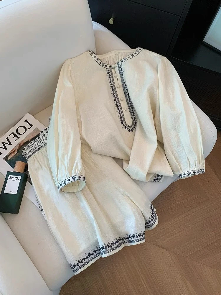 Lässiges besticktes Baumwoll-Leinen-Set Loose Bubble Sve Top Orts Zweiteiliges Set ex Summer Faion Ensemble rund Ne