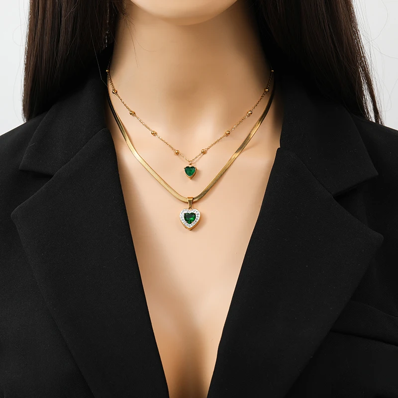 EILIECK 316L Edelstahl 1 Set Herzförmige Grüne Kristall-Halskette Ohrringe für Frauen Mädchen Mode-Schmuckset Geschenk Party – Detail 18