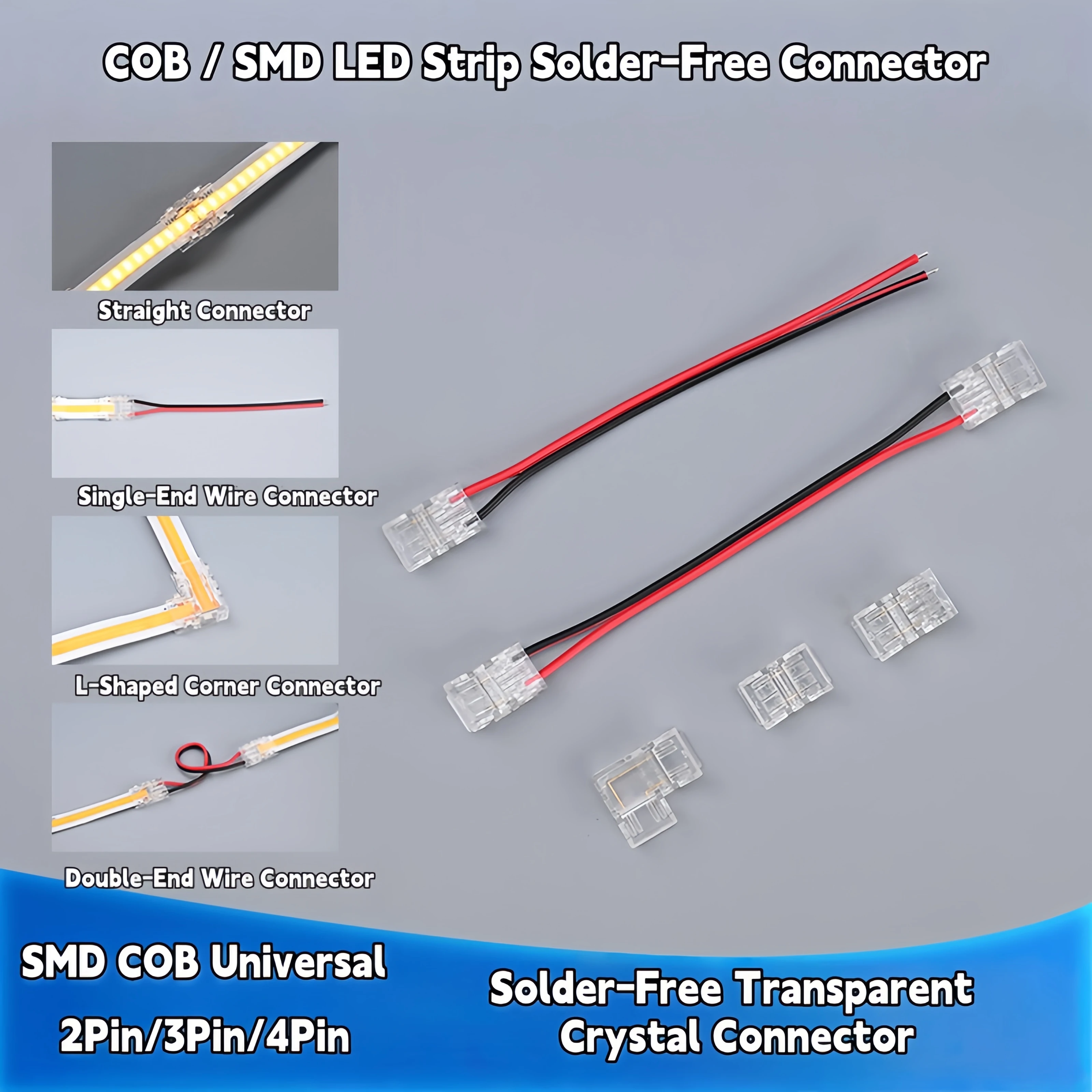 Solder-Free LED Strip Connector Transparent Crystal Clip No Dark Area, 5/8/10mm 2/3/4Pin Joint Connector for COB SMD LED Light