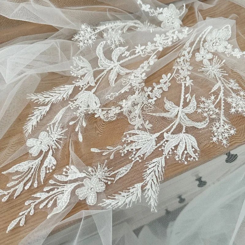 Lace Flower Embroidered Tulle Veil Set 1 Pair Pearl Beaded Applique for Wedding