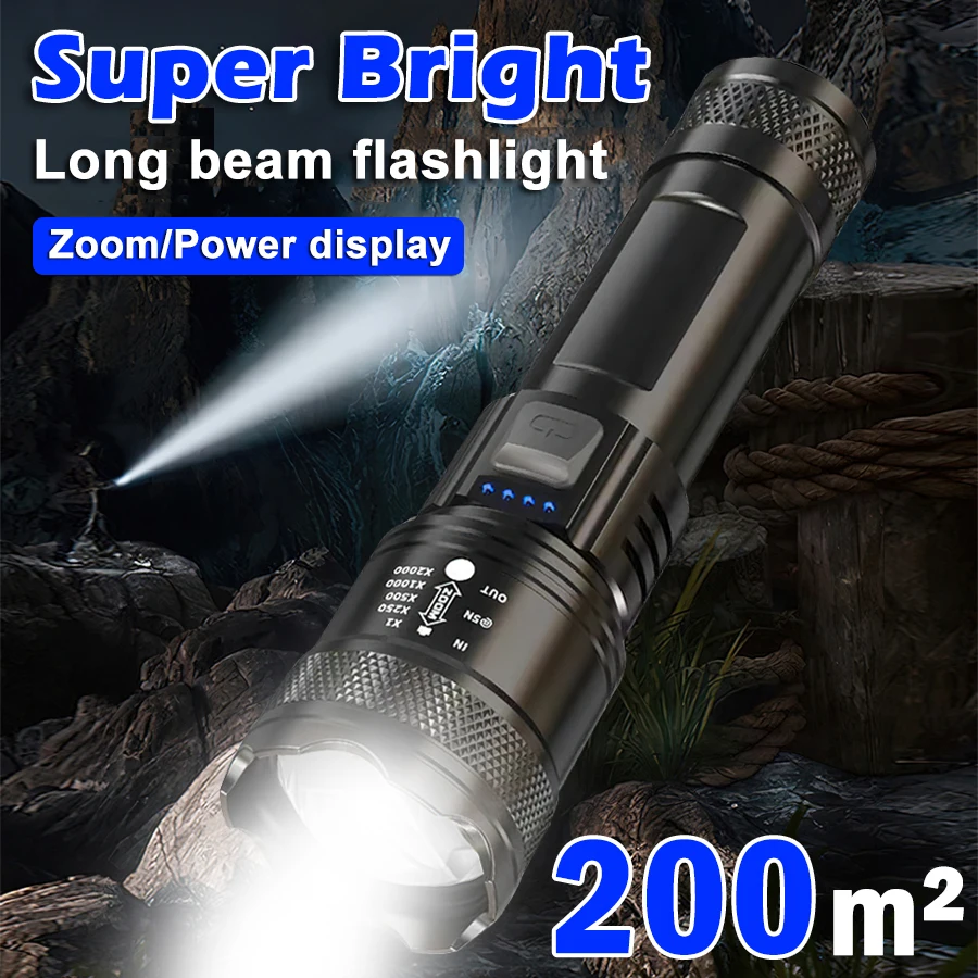 P200 슈퍼 강력한 LED 손전등 줌 전술 토치 내장 배터리 USB 충전식 방수 램프 울트라 브라이트 랜턴
