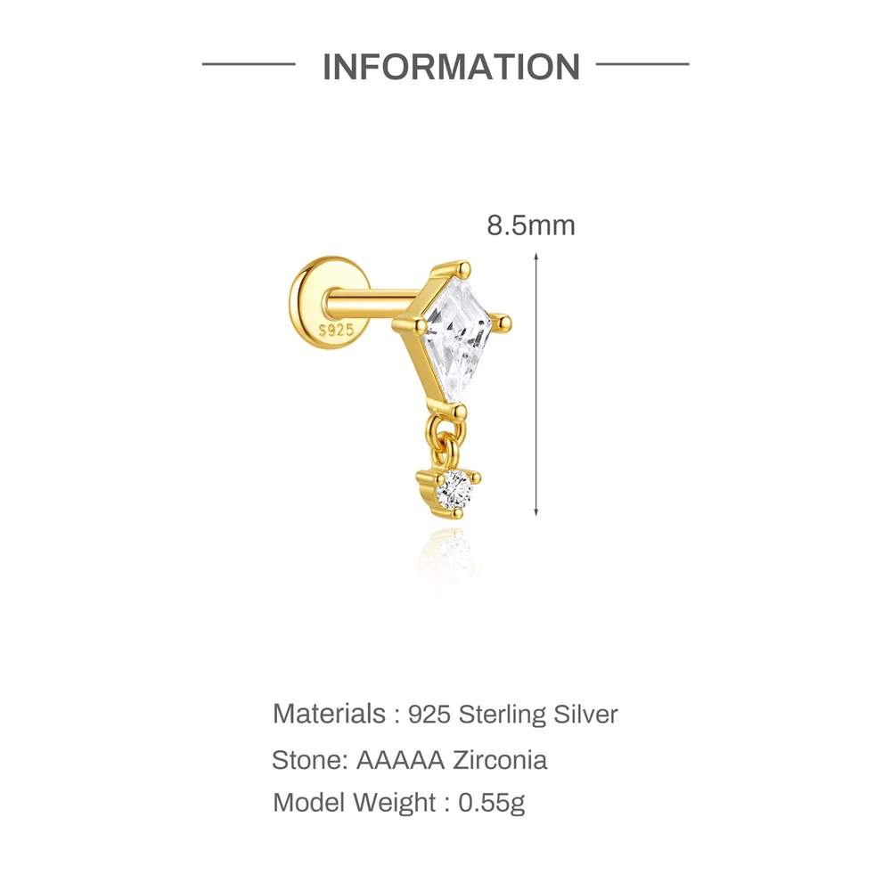 Aide S925 Sterling Silver Starburst CZ Stud 18K Gold Plated Dangle Cartilage Earrings for Women Trendy Ear Stacking Jewelry 1pc