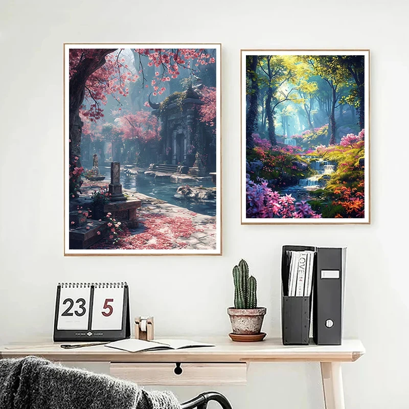 Abstract Anime Landscape Garden Ruins Posters Canvas Paintings and Prints Pictures Wall Art for Living Room Home Decor Frameless