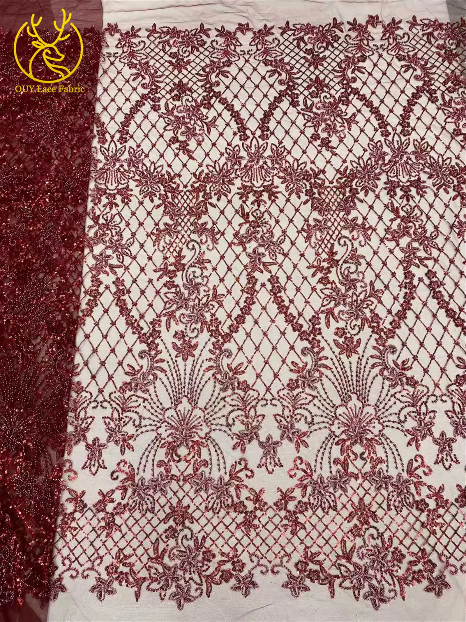 Roter afrikanischer Perlen-Spitzenstoff 2026, hochwertiger nigerianischer Pailletten-Spitzenstoff für Damen, Hochzeitskleid und Abendkleid, Nähen – Detail 7