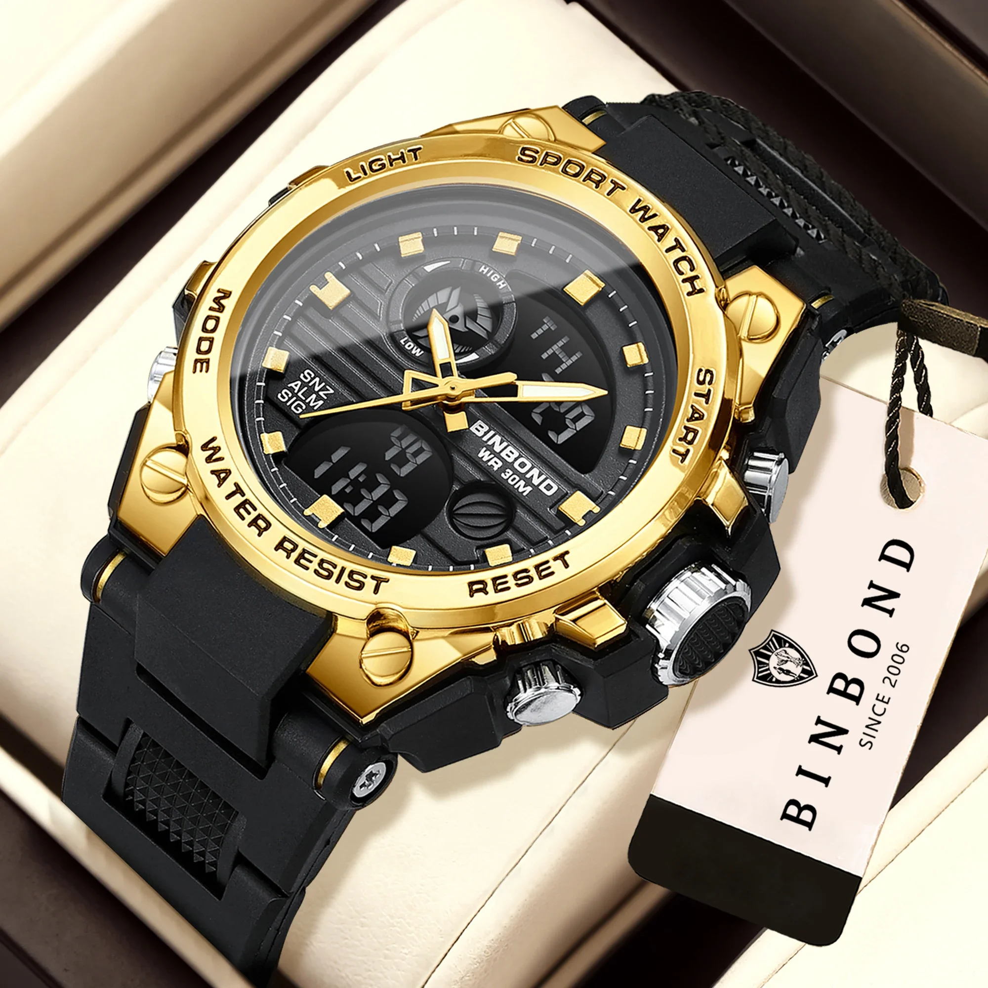 BINBOND Chronograph Precise Quartz Watches For Men Luxury Luminous Waterproof Week Display Auto Men's Watch Sports Reloj+Box
