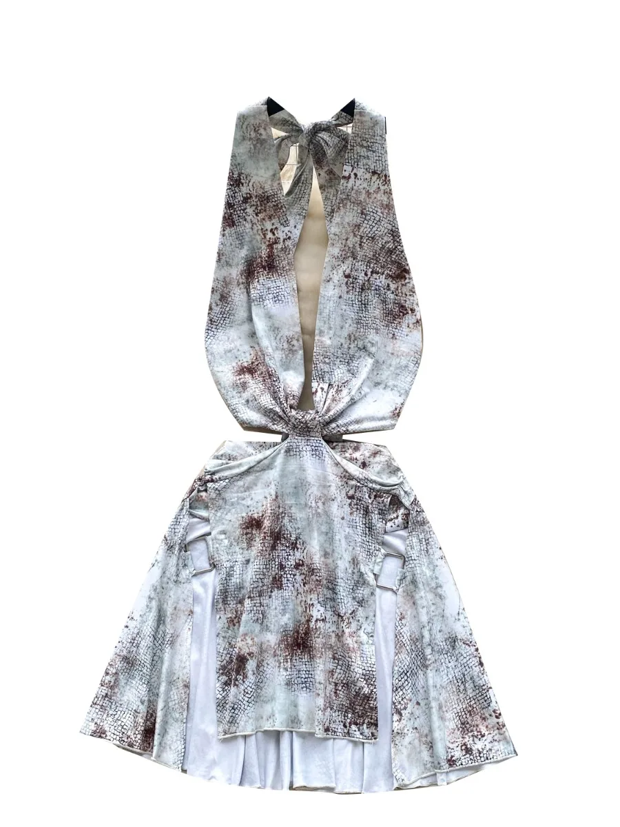 Foamlina Sexy Hollow Out V-Neck Halter Print Dress Women Fashion High Street Cutout Waist Slim Fit Hot Girl Mini Skirt Dress