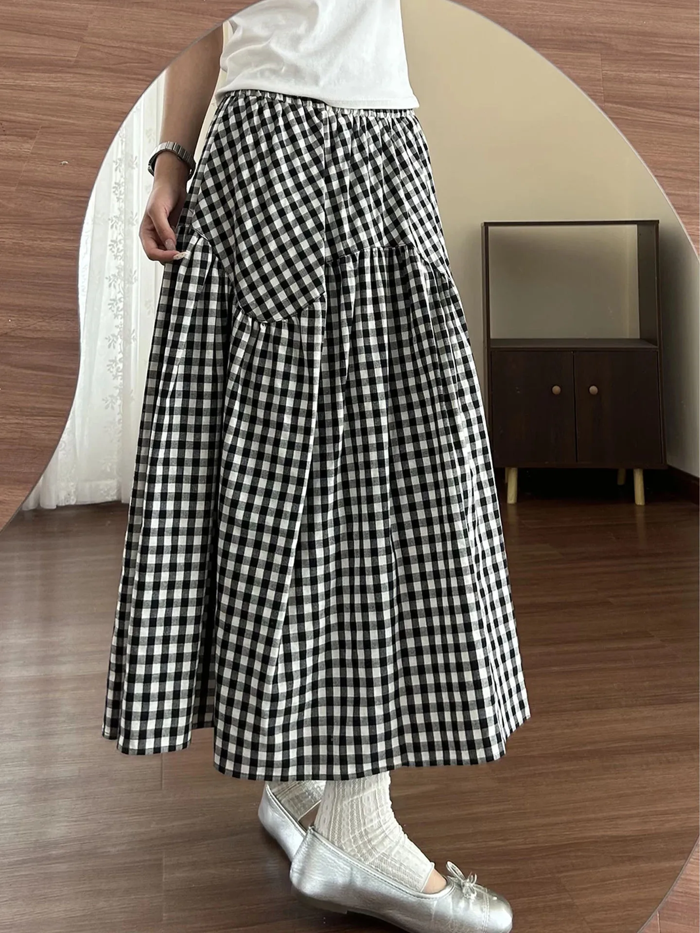 plus Size Plaid A-Line Skirt High Waist Fullness Korean College Style for Pear Shaped Women Autumn Seasonal 300 Pounds Capacity