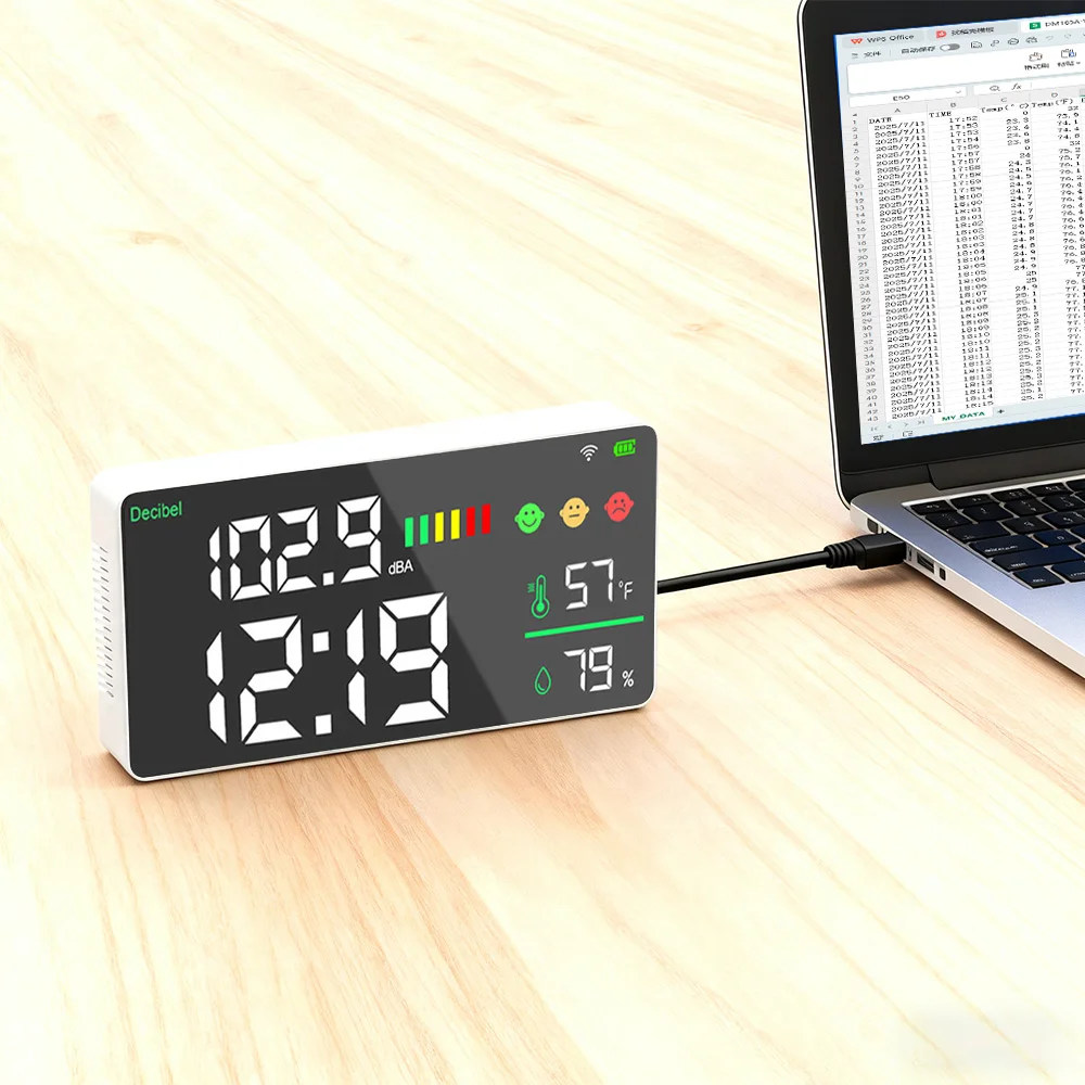 Medidor de Decibéis Wi-Fi com Temperatura e Umidade, Display LED Grande Inteligente, Medidor de Nível de Ruído Montado na Parede