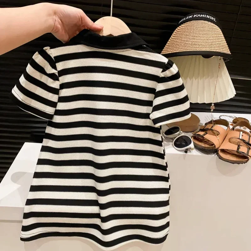 Kids Girls Clothes Summer Dress Cute Cartoon Bear Dress Baby Girls Black and White Stripes Polo Preppy Style Casual Dress