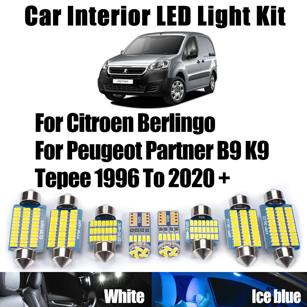 Para Citroen Berlingo para Peugeot Partner B9 K9 Tepee 1996 a 2020 + Canbus bombilla LED Interior mapa cúpula Kit de luz de matrícula