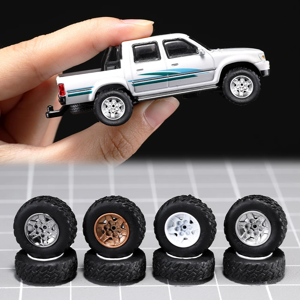 1:64 4 sets All-terrain Tires Model Car Wheels with Rubber Tire Rivet Axle Diameter 13mm Refitting Parts For Hot Wheels Model