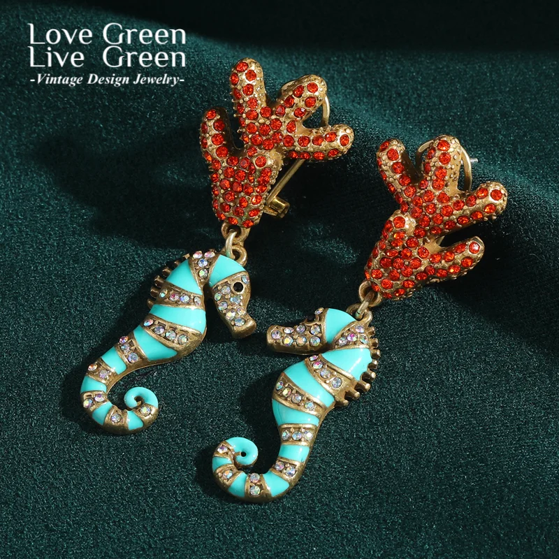 Vintage Blue Seahorse Drop Earrings Woman Rhinestones Crystal Red Coral Enamel Animal Summer Jewelry Beach Trending 2025 New