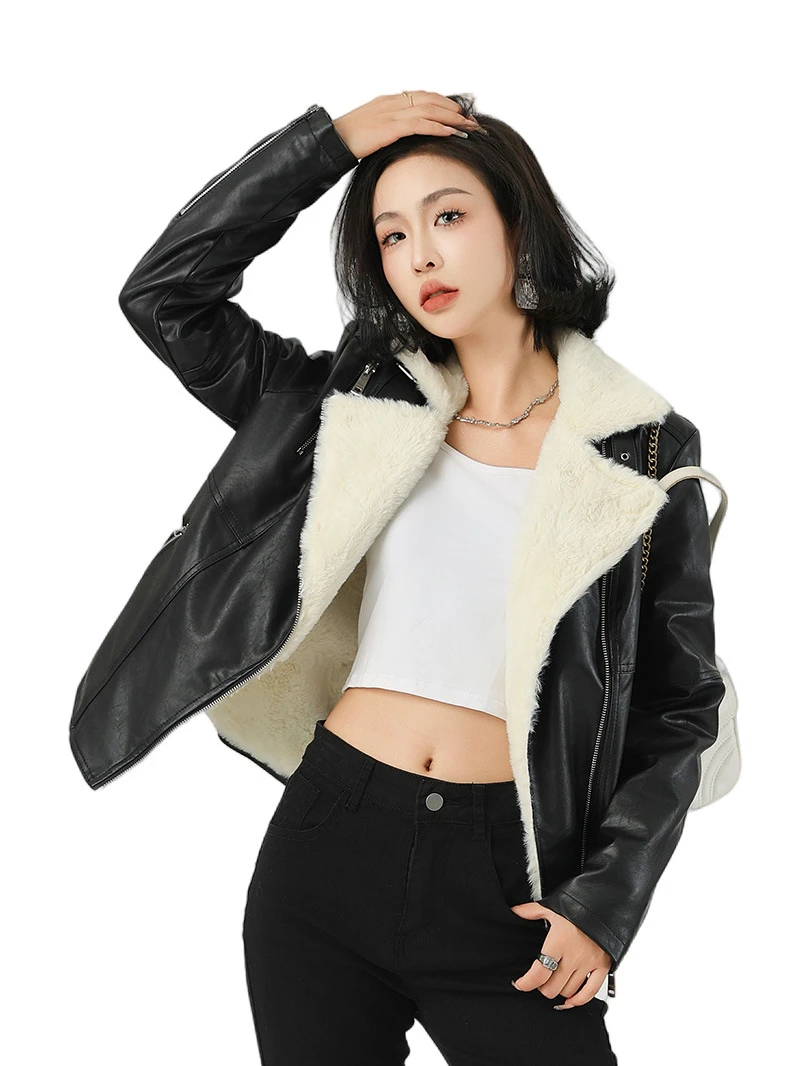 패션 가죽 재킷 플러스 벨벳 패딩 재킷 겨울용 짧은 여성 가죽 신상 노치드 칼라 긴 소매 블랙 코트 여성용