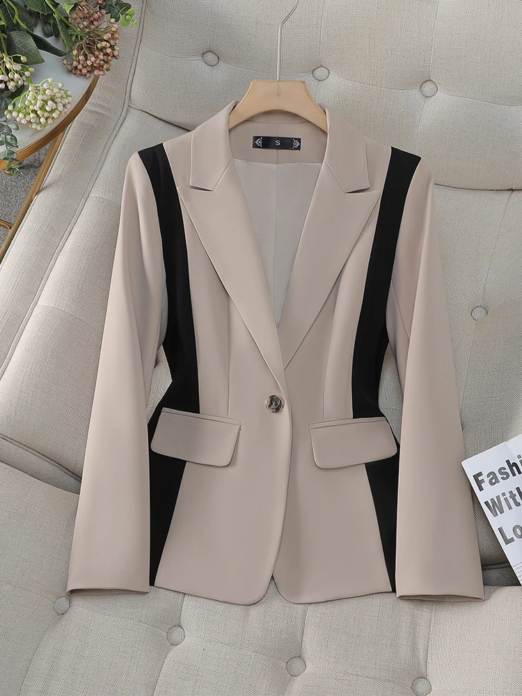 Fashion Autumn Winter Women Blazer Coat Female Khaki Apricot Striped Long Sleeve Office Ladies Business Work Wear Jacket