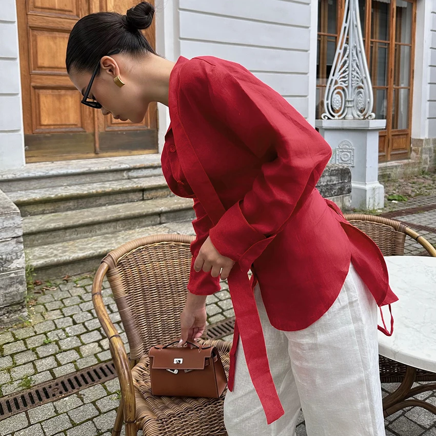 Linad Elegant Blue Cotton Scarf Collar Blouse Woman Office Red Single-Breasted Shirts Female Autumn Fashion Long Sleeve Top 2025 image 4