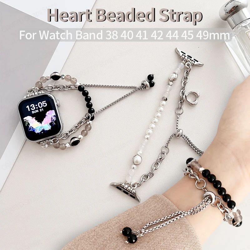 Heart Beaded Strap for Apple Watch 44mm Band 40 38 42 45 49mm Link Chain Bracelet for IWatch Series 7 8 5 SE Correas Accessories