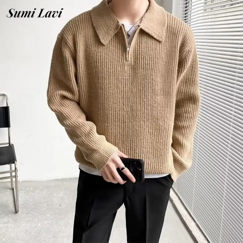 

Fashionable Turn-down Collar Zipper Jumper Mens Fall Winter Daily Casual Solid Color Knit Polo Shirts Vintage Men Knitted Tops