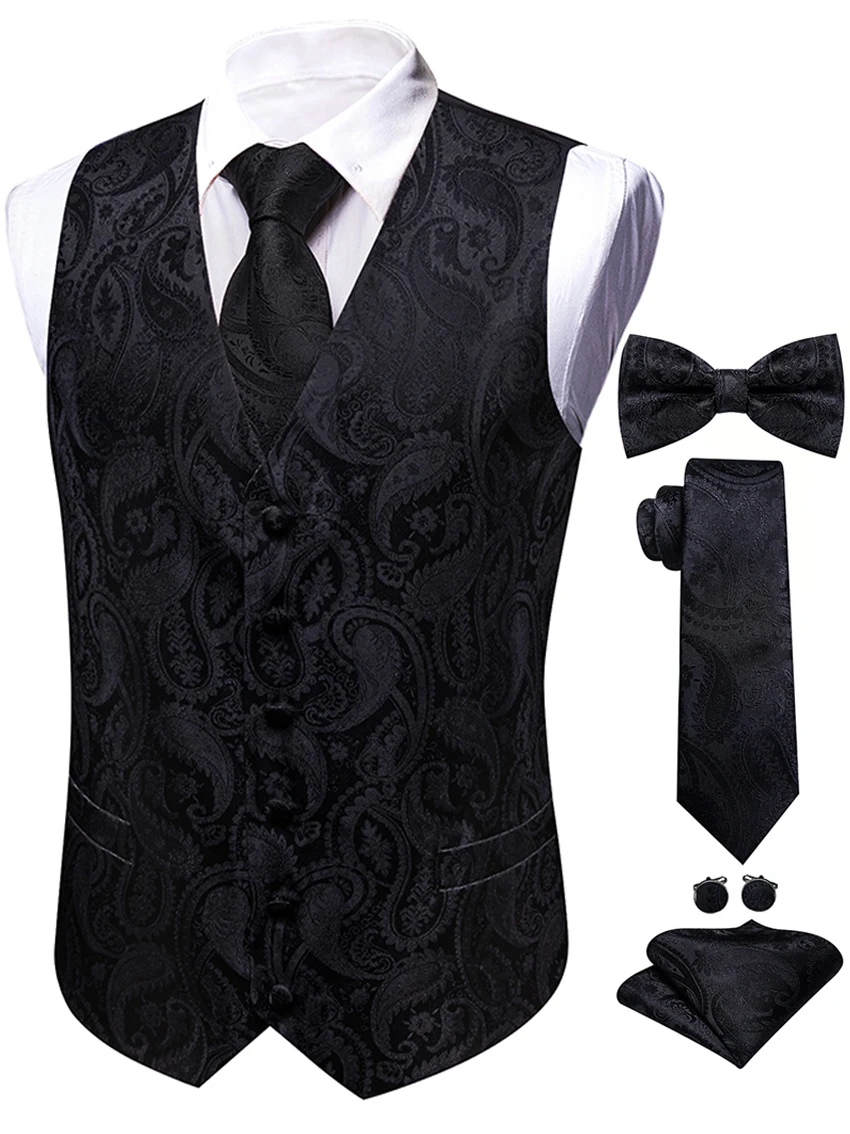 Solid Black Paisley V-Neck Vest Matching Set Tie & Bowtie Pocket Square Cufflinks For Business Annual Ceremony