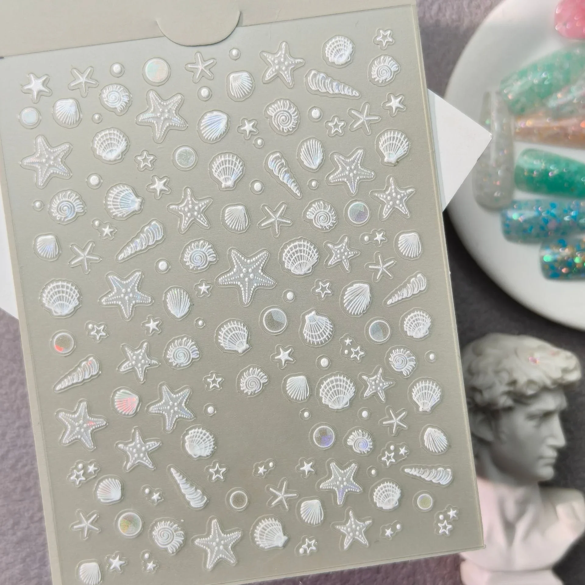 1 Set Aurora 3D Embossed Ocean Nail Stickers Iridescent Starfish Shell Conch Self-Adhesive DIY Glossy Manicure Nail Art Decor