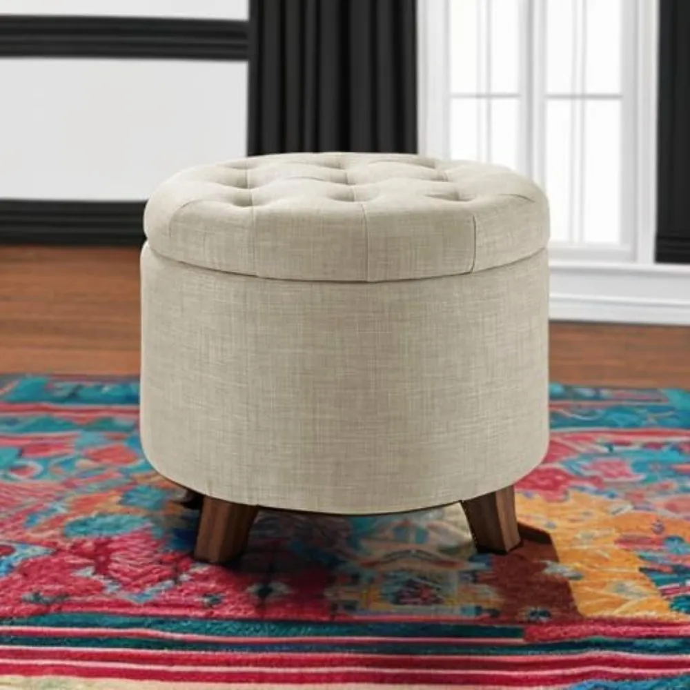 Footstool with storage space, plush round cushioned footstool, linen, coarse linen beige