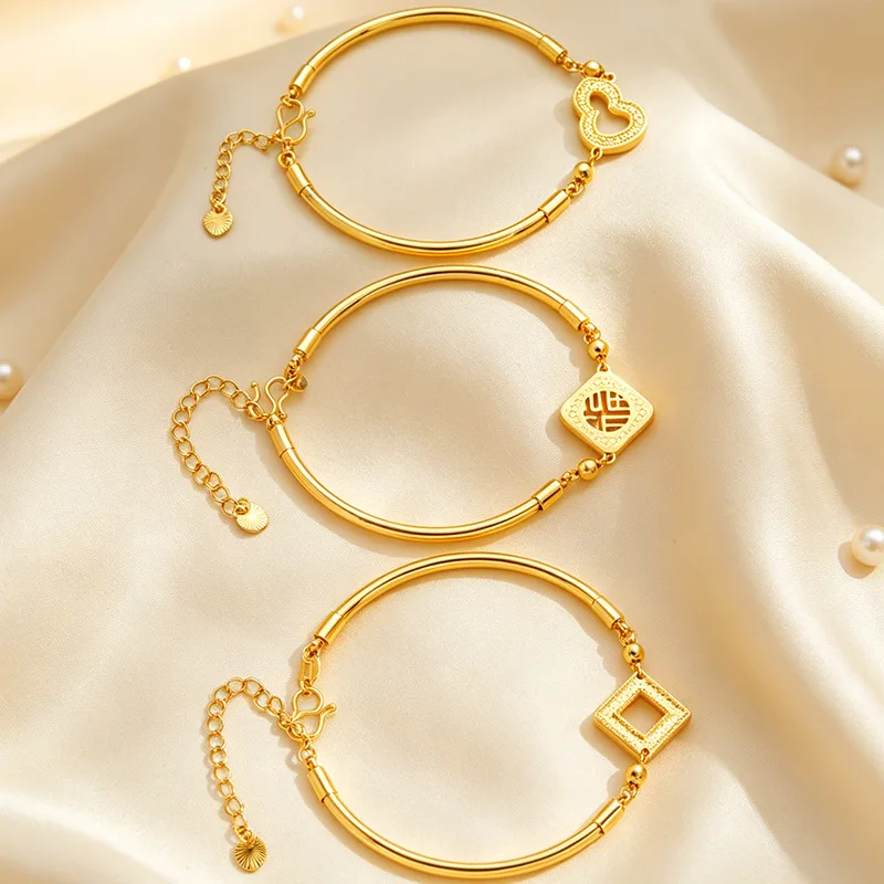 Propitious souvenir gift suitable for ladies, Dragon Scale Flower Fu Character Bracelet meticulously made of 24K Gold AU999 fine