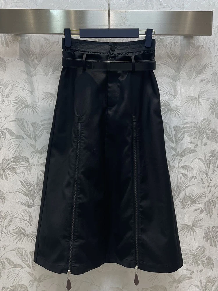 Fashion Designer Summer Black A-Line Long Skirt Women's Party Solid Color High Waist Belt Drawstring Slim Half Skirt