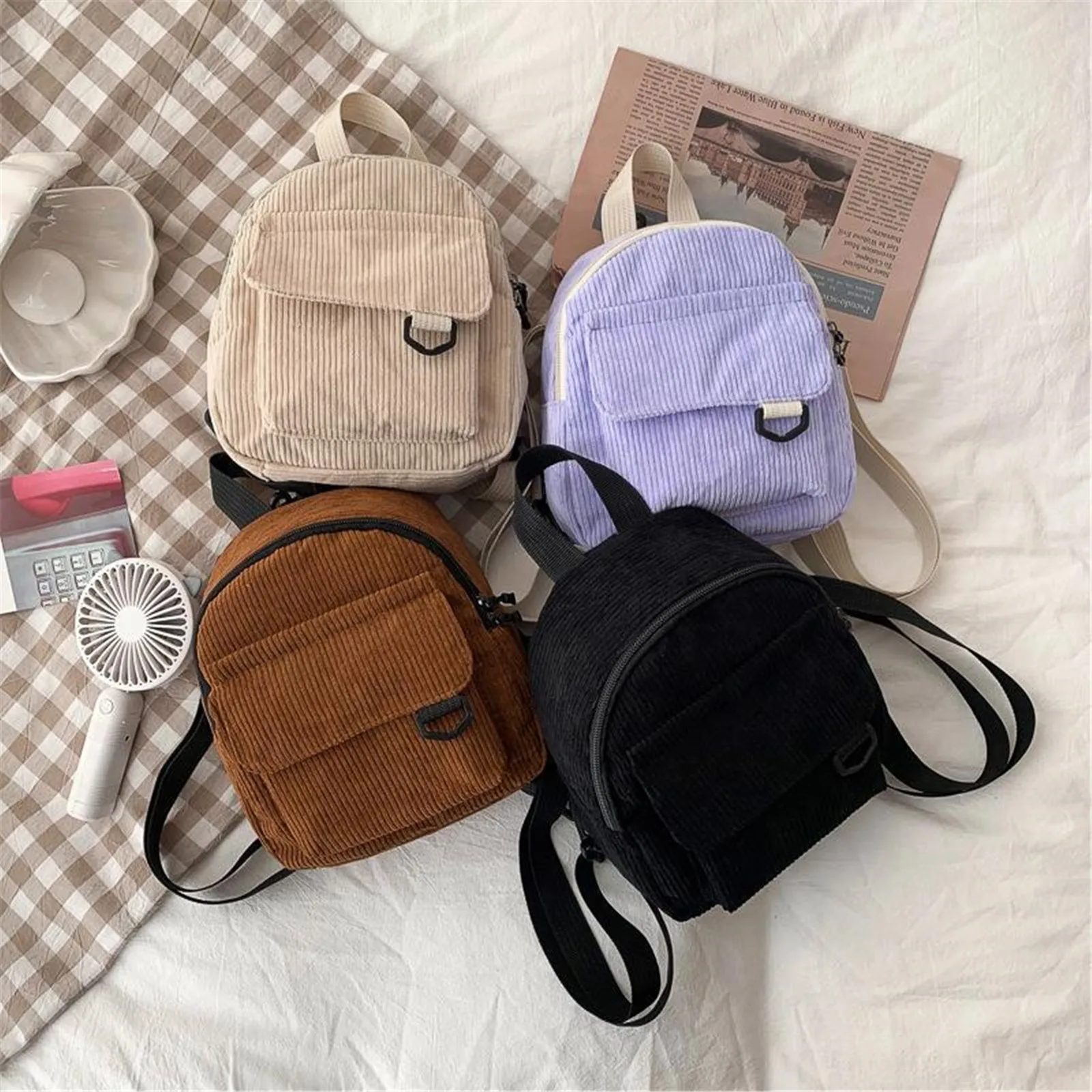 

Fashion Women Mini Backpack Solid Color Corduroy Small Backpacks Simple Casual Student Bookbags Traveling Backpacks 2024 New