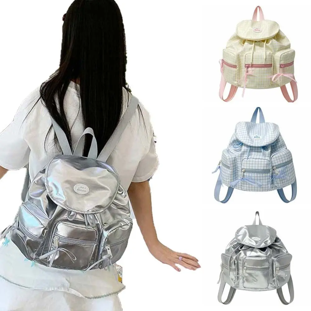 

Portable Sweet Korean Drawstring Backpack Plaid Bow Women Daily School Bag Polyester Flip Up Silver PU Daypack Shopping