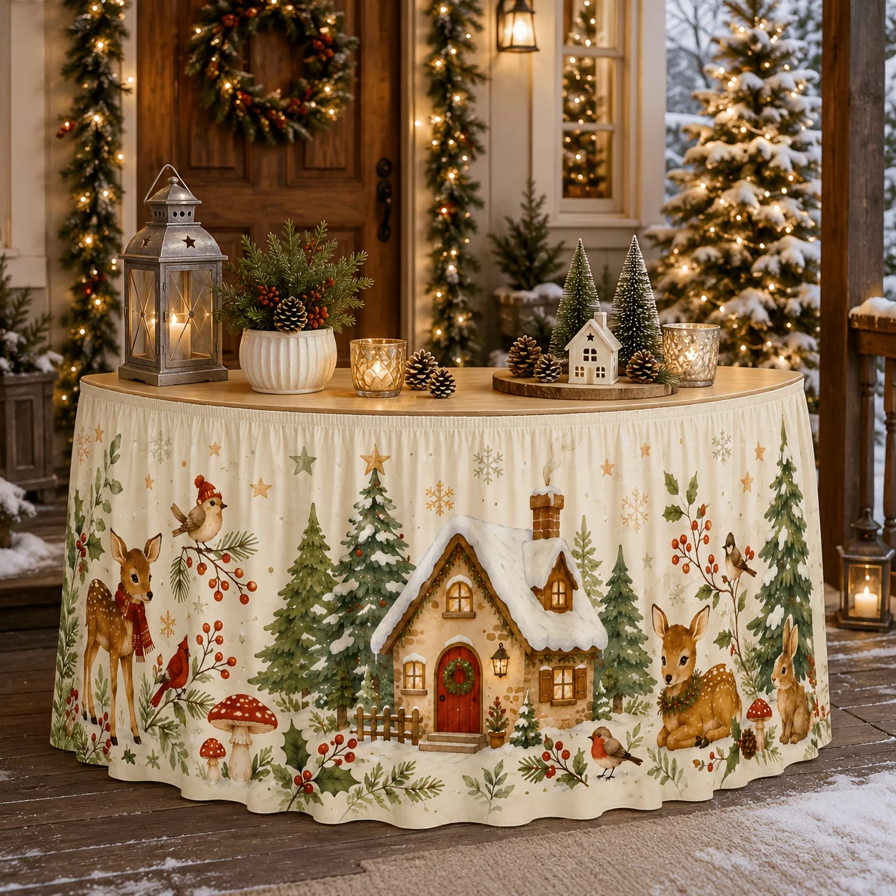 1 tablecloth, table skirt, watercolor, winter forest tablecloth, cute deer, bird, rabbit, snowhouse, pine tree.
