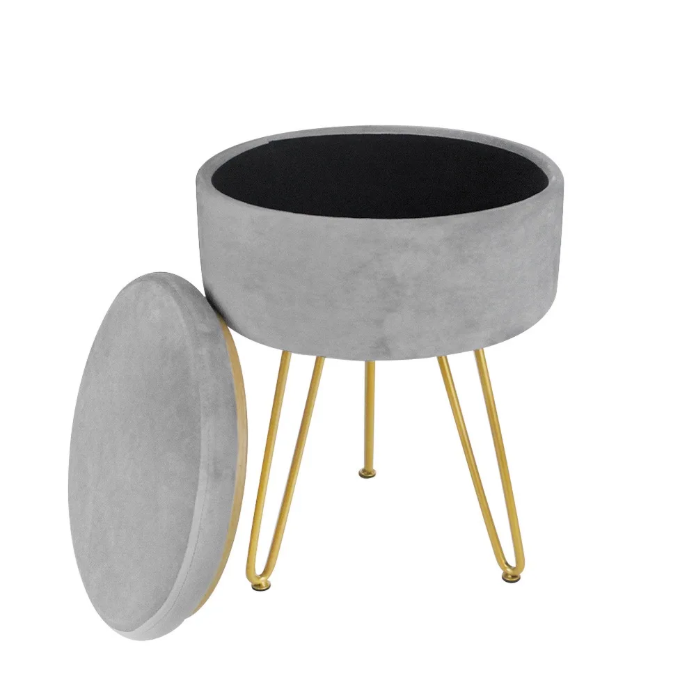 Modern Multifunctional Footstool Round Upholstered Ottoman with Removable Cover & 3 Adjustable Golden Legs for Living Room