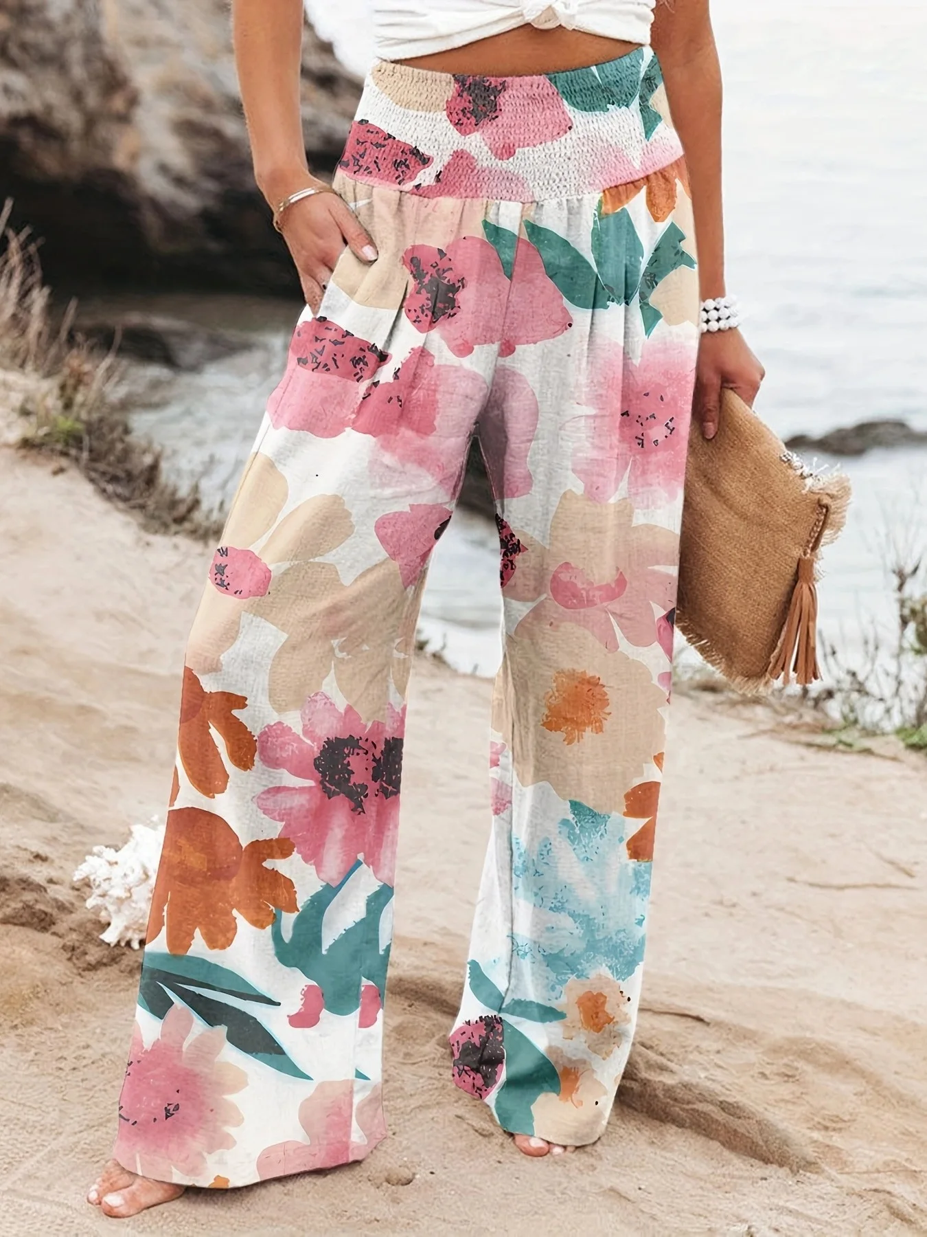 New European and American spring and summer casual wide-leg pants, printed loose-fitting long pants for women, suitable for all