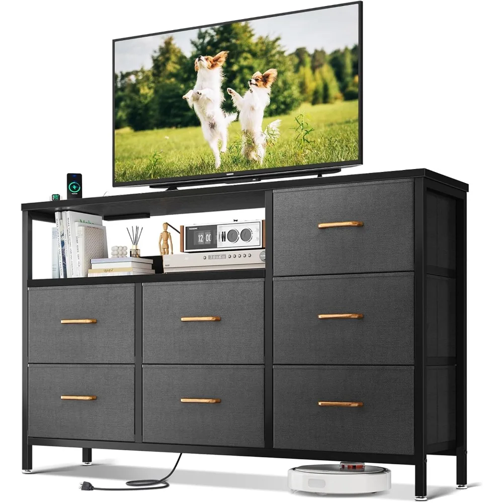 

Dresser with Charging Station, 52-Inch Long Dresser TV Stand with 7 Large Fabric Drawers, Entertainment Center with Open Shelves