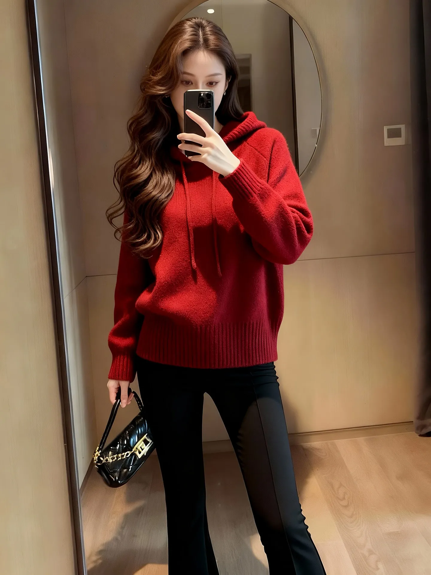 

Ретро-свитер с капюшоном винного цвета для женщин: элегантный, очень красивый, с эффектом увеличения объема, вязаный топ для осени и зимы, новинка к Новому году